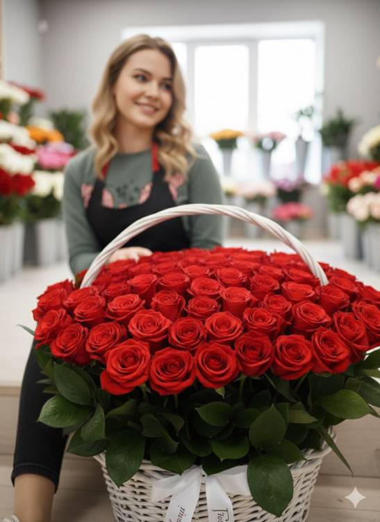 Белая корзинка с 51 красной розой Белая корзинка с 51 красной розой