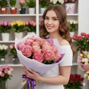 15 розовых роз с ленточкой