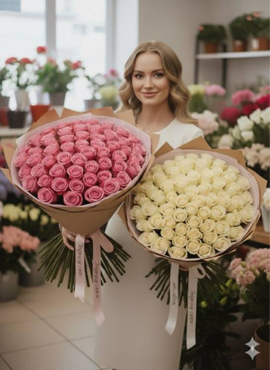 Букет из 101 бело-розовой розы Джамиля, длиной 60см Букет из 101 бело-розовой розы Джамиля, длиной 60см