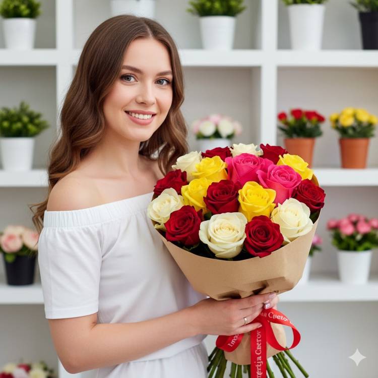 Букет из 15 разноцветных роз (60см) Букет из 15 разноцветных роз (60см)