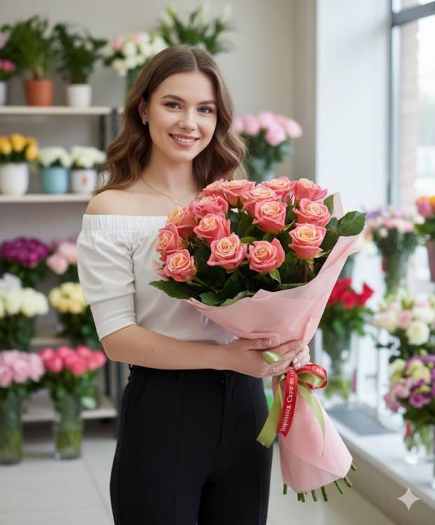 Букет из 15 розовых роз 80 см Букет из 15 розовых роз 80 см