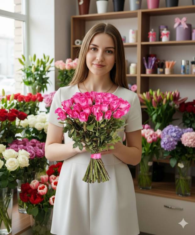 Букет из 25 розовых роз 60 см