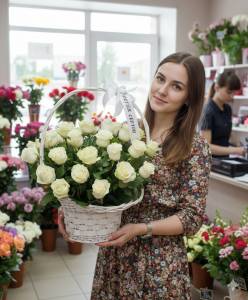 25 белоснежных роз в элегантной корзине