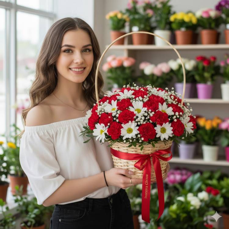 Корзинка Сборная из хризантемы и гвоздики Корзинка Сборная из хризантемы и гвоздики